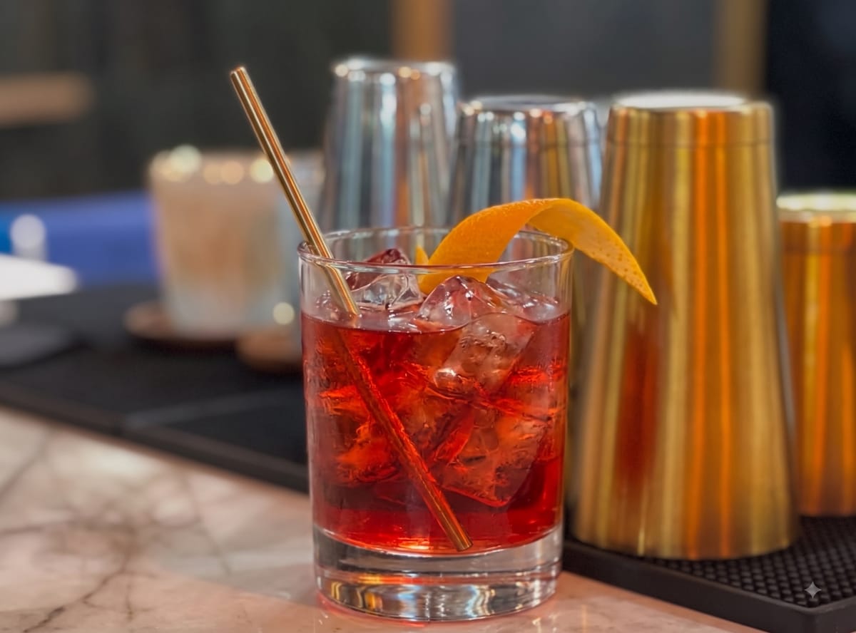 Vaso Old Fashioned con Americano de color rojo anaranjado y una rodaja de naranja.