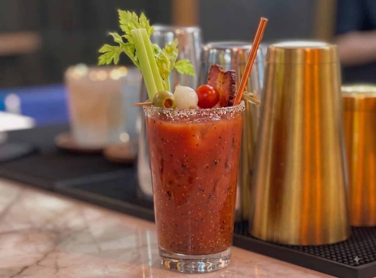 Vaso highball con Bloody Mary rojo intenso y un tallo de apio.