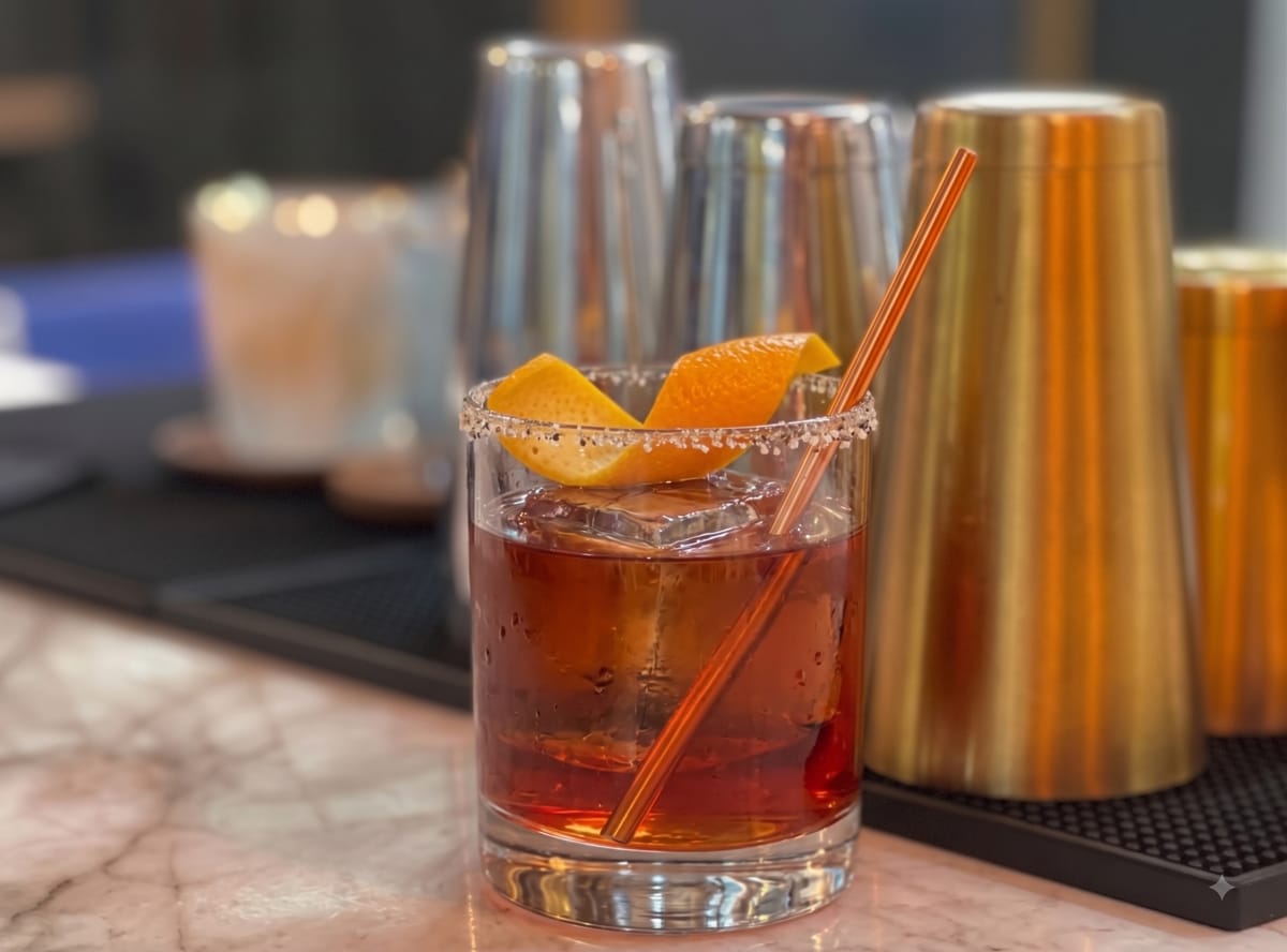 Vaso Old Fashioned con Boulevardier de color rojo caoba y un twist de naranja.