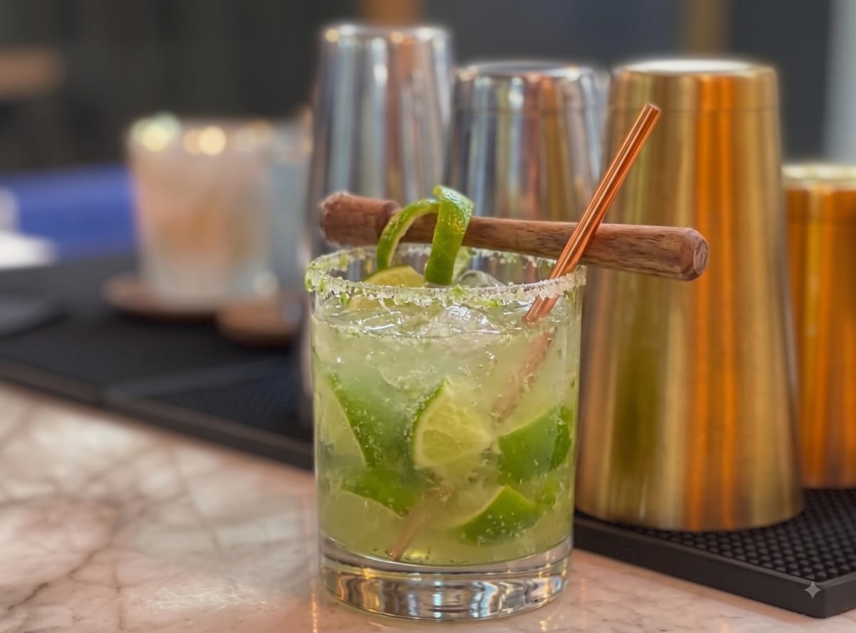 Vaso Old Fashioned con Caipirinha, trozos de lima machacada y hielo.