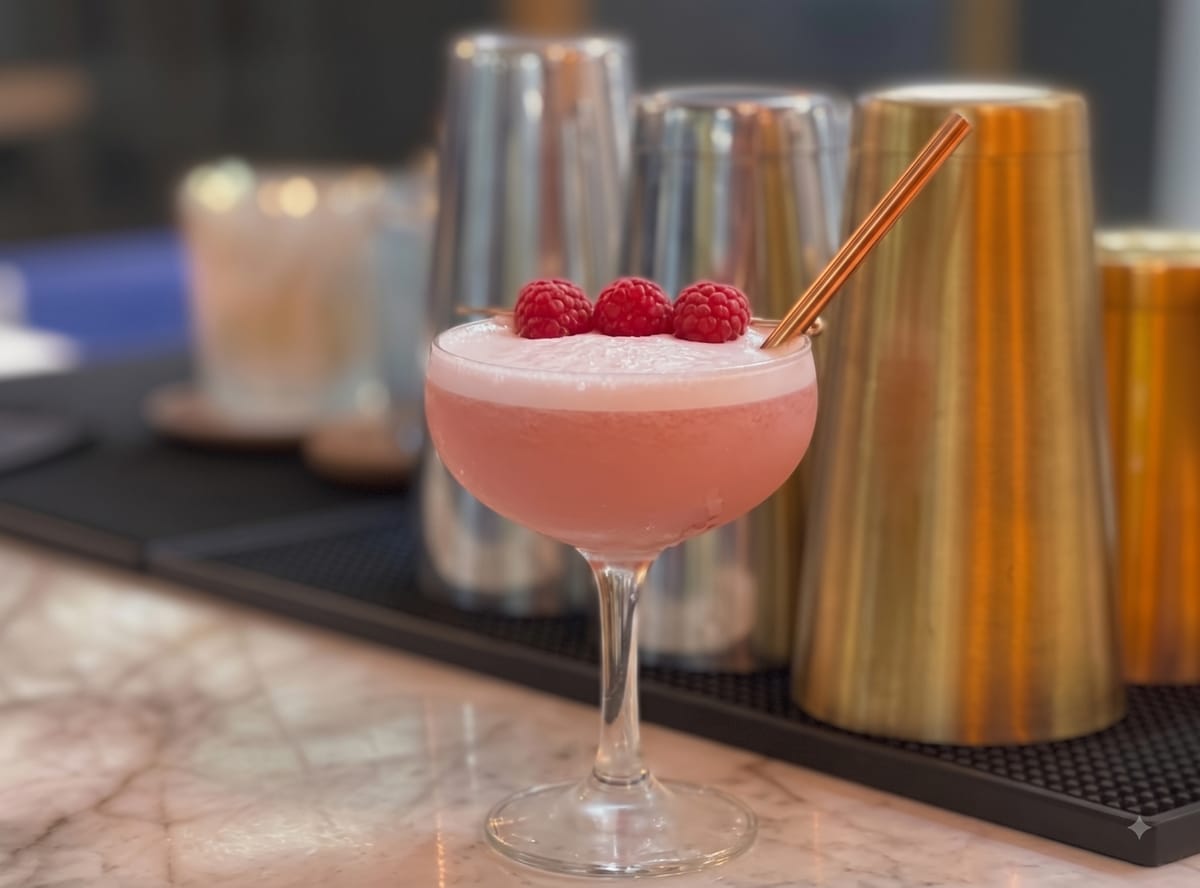 Copa con Clover Club de color rosado y espuma en la superficie.