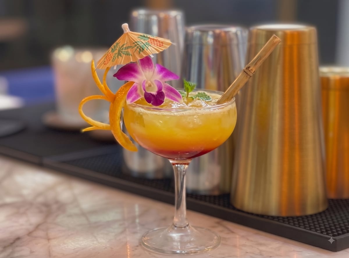 Vaso Hurricane con cóctel tropical sin alcohol, cremoso y con un trozo de piña.
