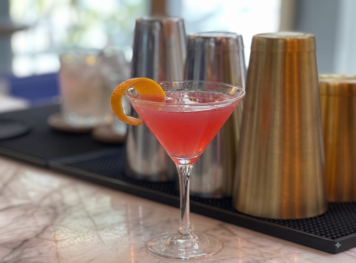 Copa Martini con Cosmopolitan de color rosado y un twist de naranja.