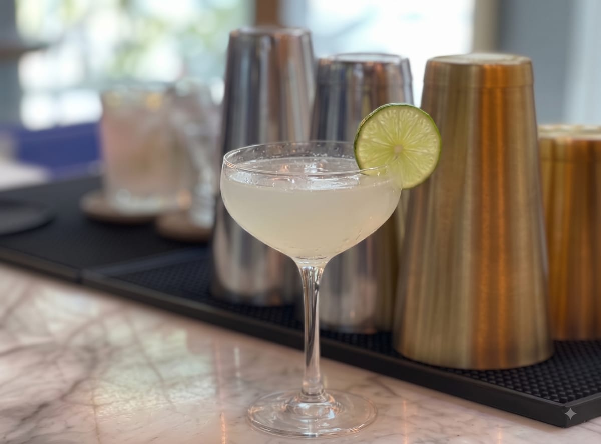 Copa coupe con un Daiquiri transparente y un twist de lima.