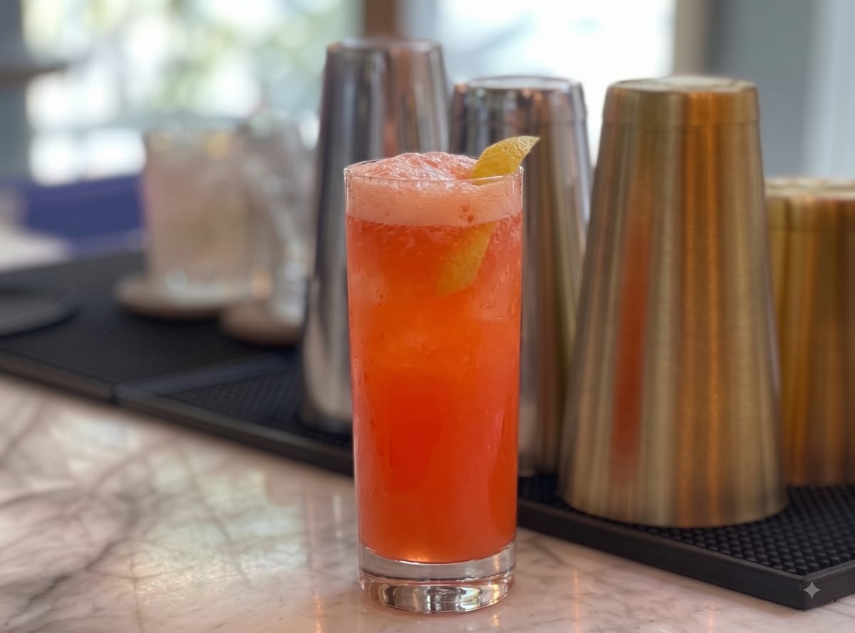 Vaso highball con Garibaldi de color naranja intenso y una rodaja de naranja.