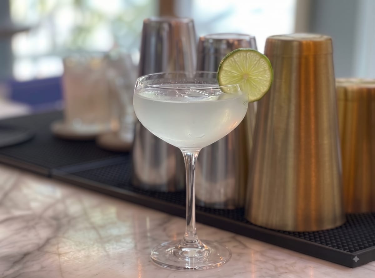 Copa con Gimlet transparente y una cáscara de lima.