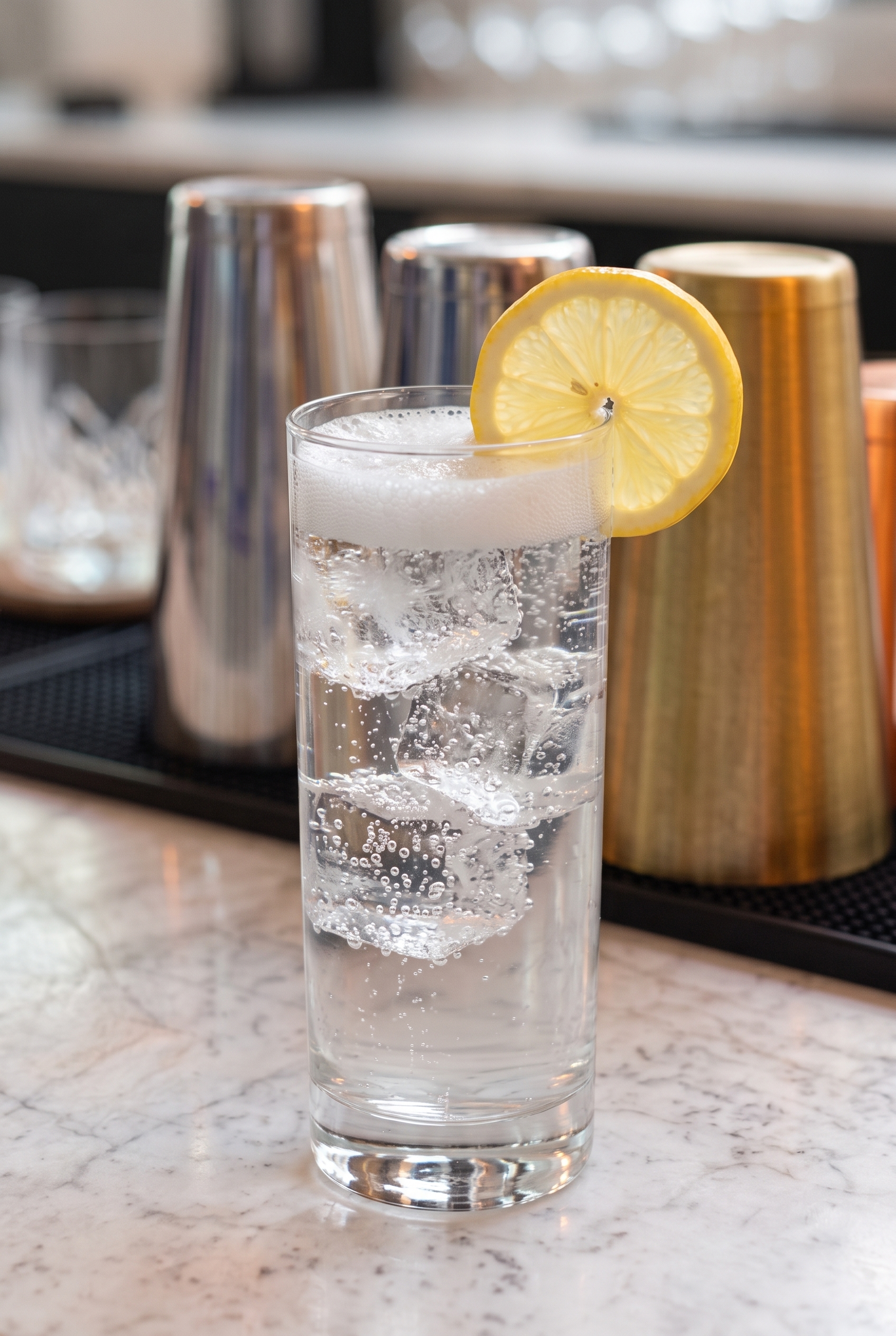 Vaso alto con Gin Fizz, burbujas finas y una rodaja de limón.