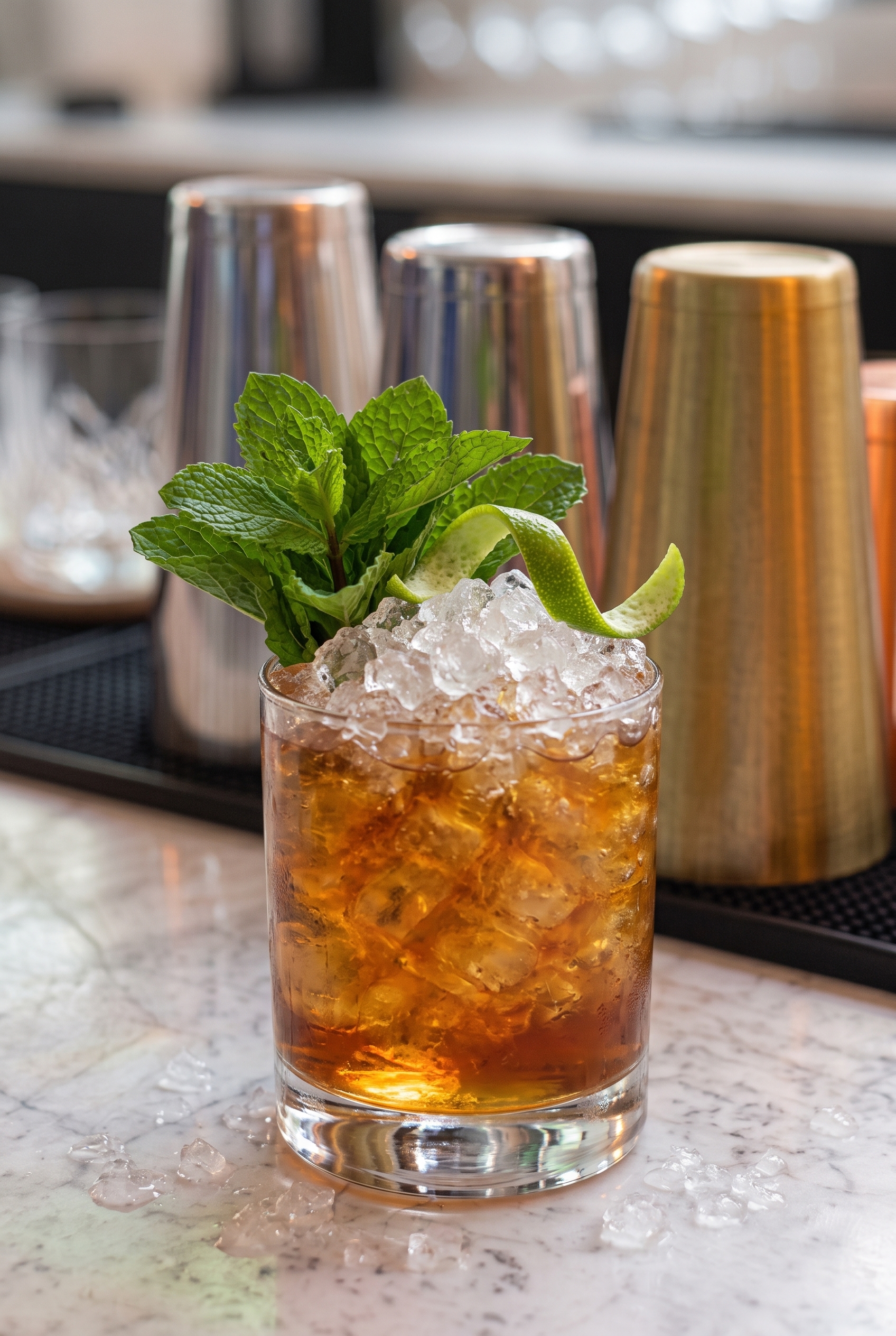 Vaso con Mai Tai, hielo picado y decoración de menta y lima.