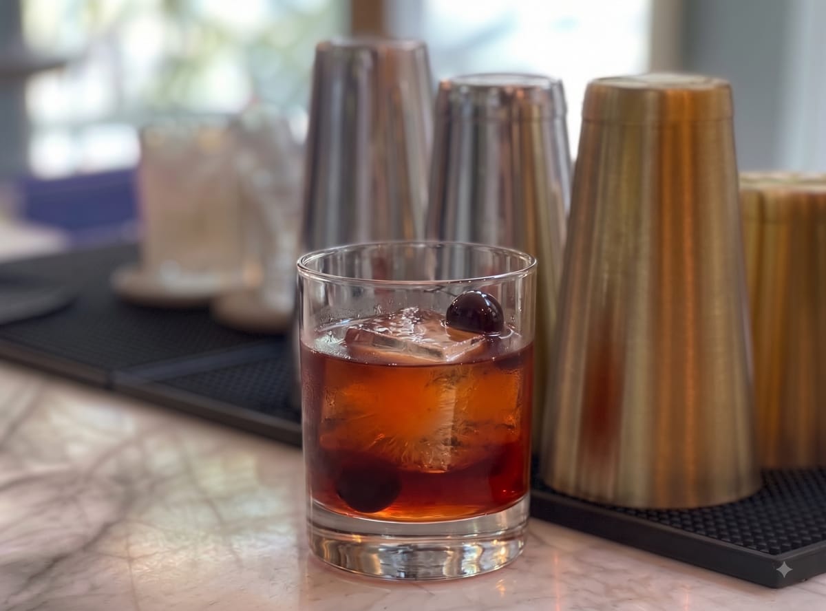 Copa coupe con un Manhattan de color ámbar rojizo y una guinda.
