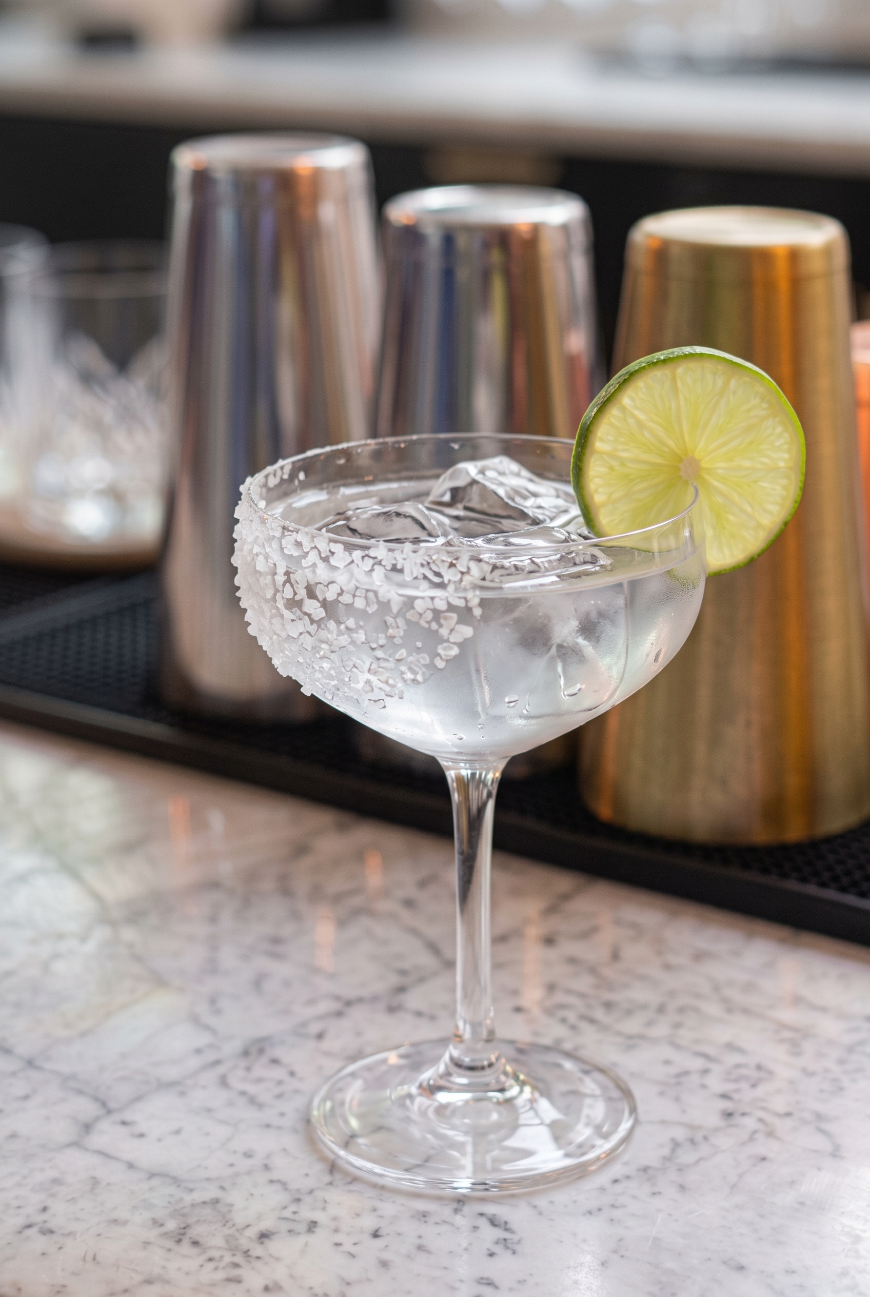 Copa con Margarita, borde escarchado de sal y una rodaja de lima.
