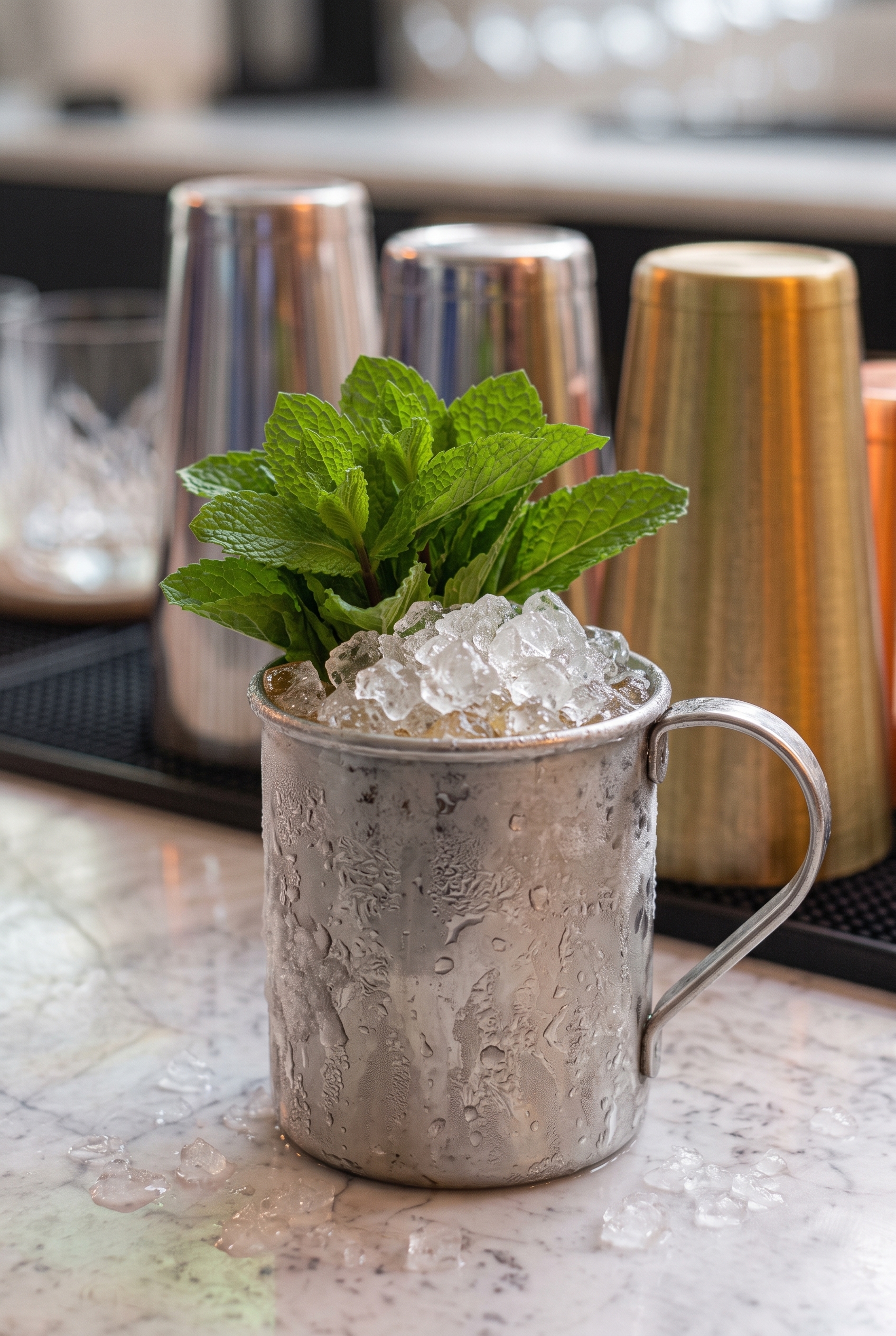 Taza metálica con Mint Julep, hielo triturado y un ramillete de menta.