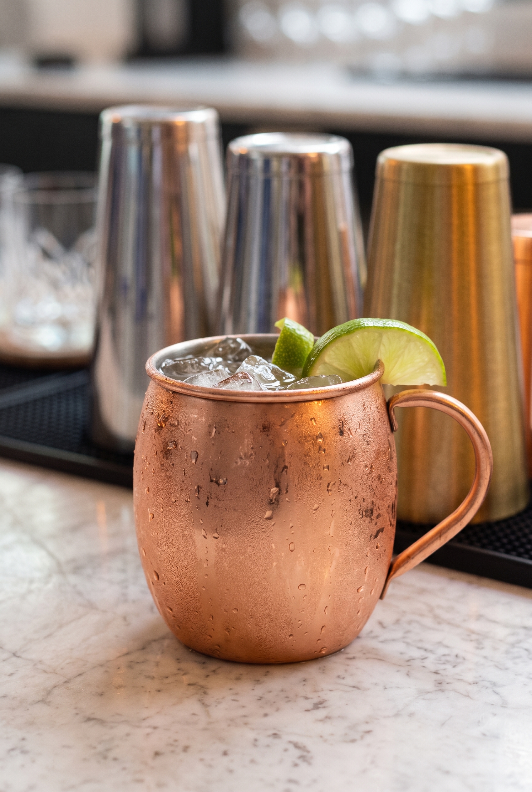 Taza metálica con Moscow Mule, hielo y una rodaja de lima.