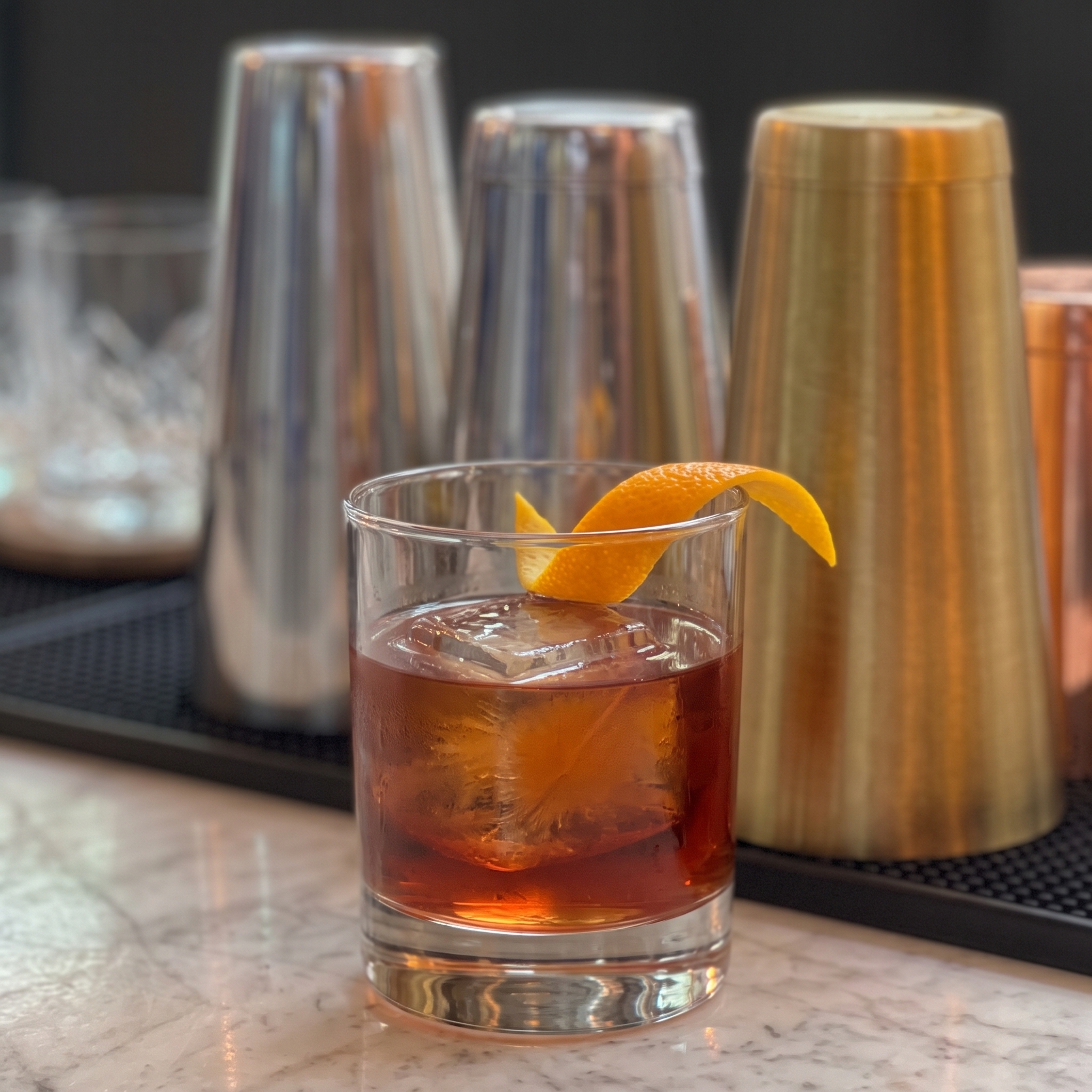 Vaso Old Fashioned con Negroni de color rojo intenso, una piedra de hielo grande y un twist de naranja.