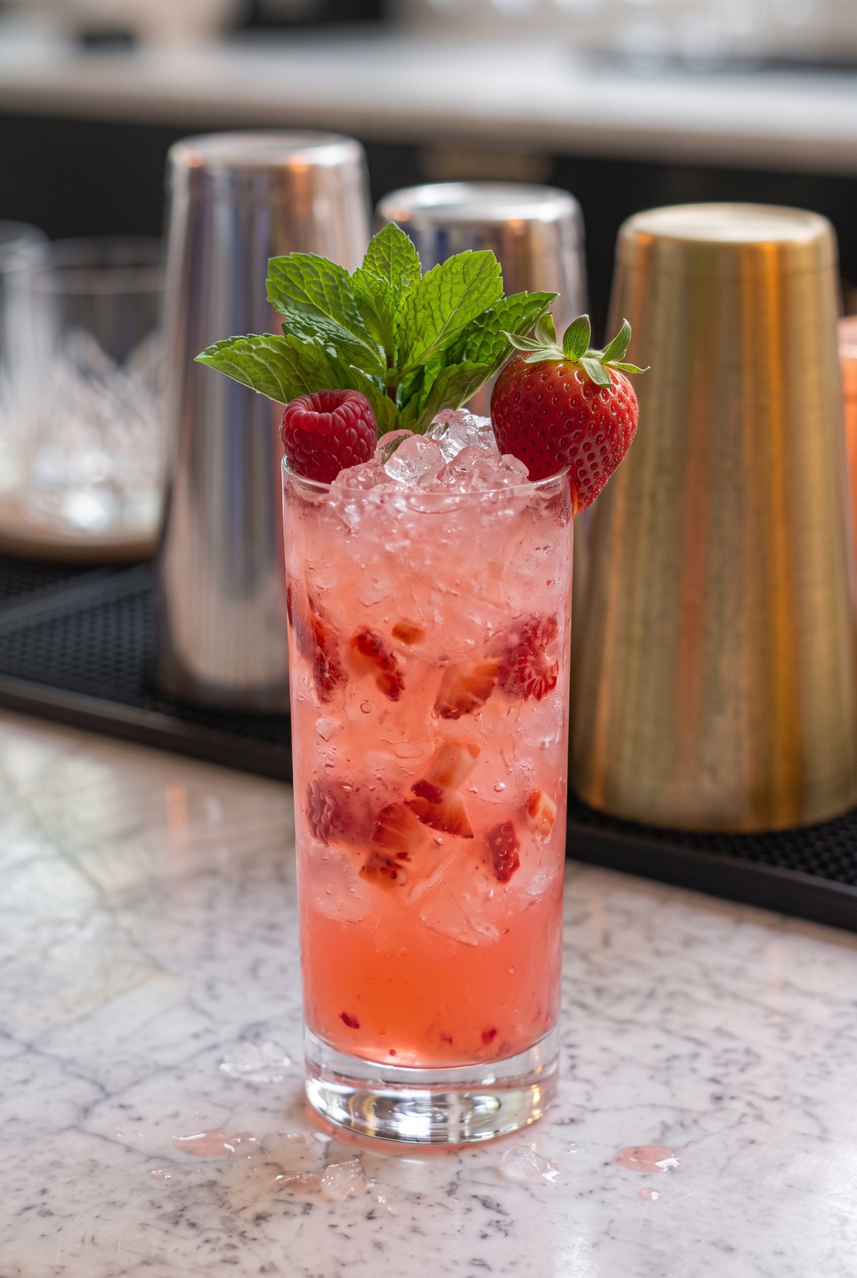 Vaso highball con Nojito de frutos rojos, menta y trozos de fresa.