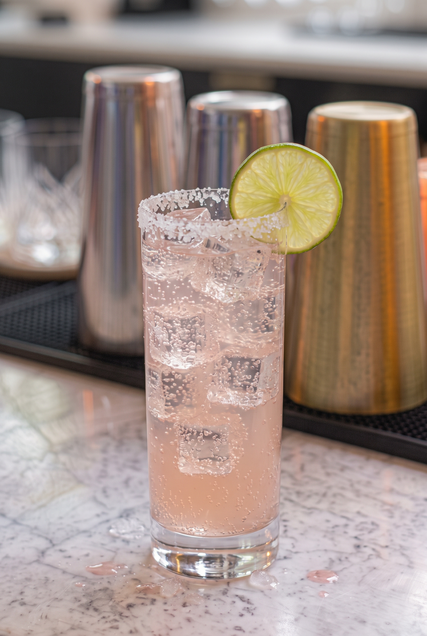 Vaso alto con Paloma, hielo, burbujas y una rodaja de pomelo.