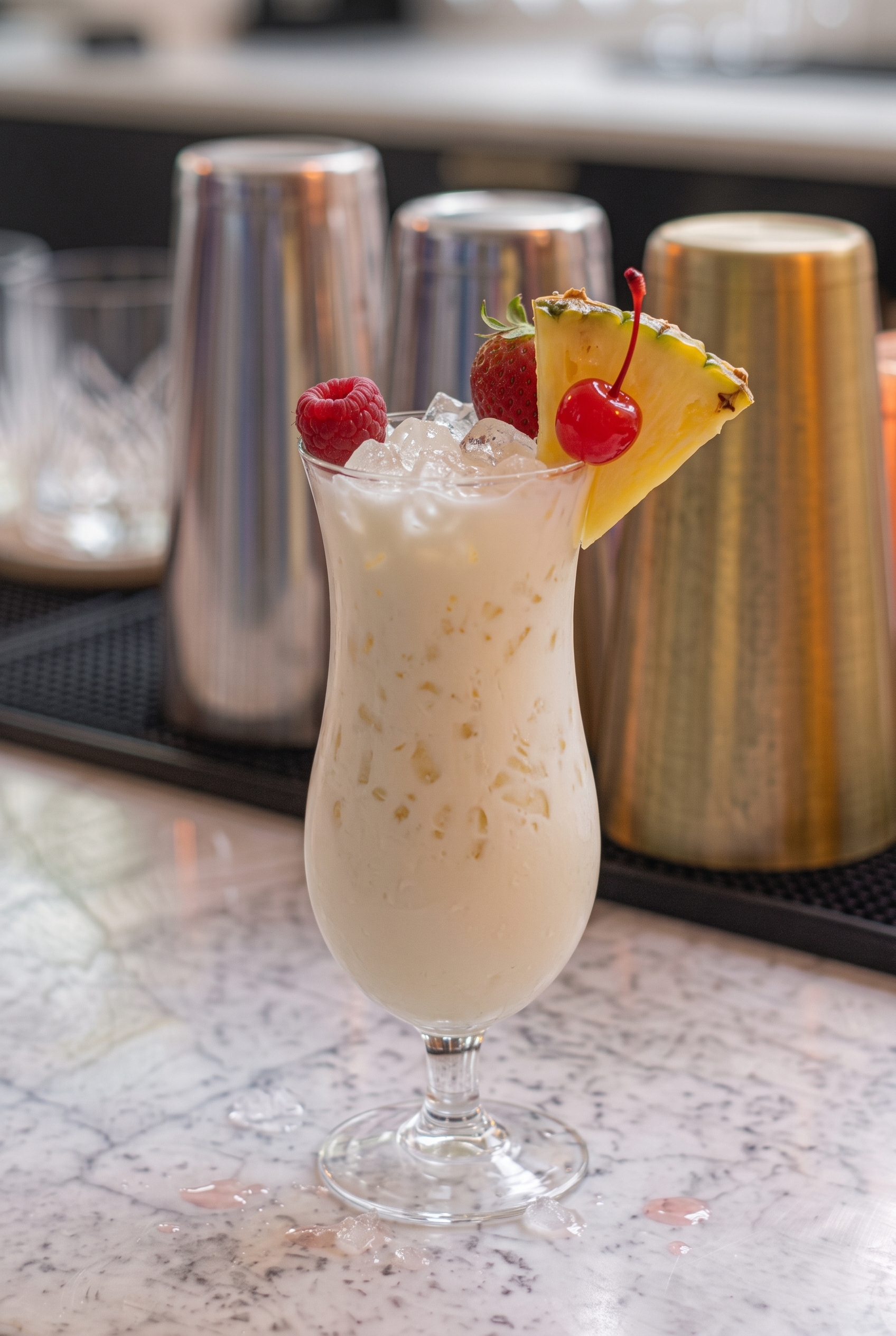 Vaso Hurricane con Piña Colada cremosa, un trozo de piña y una guinda en cóctel.