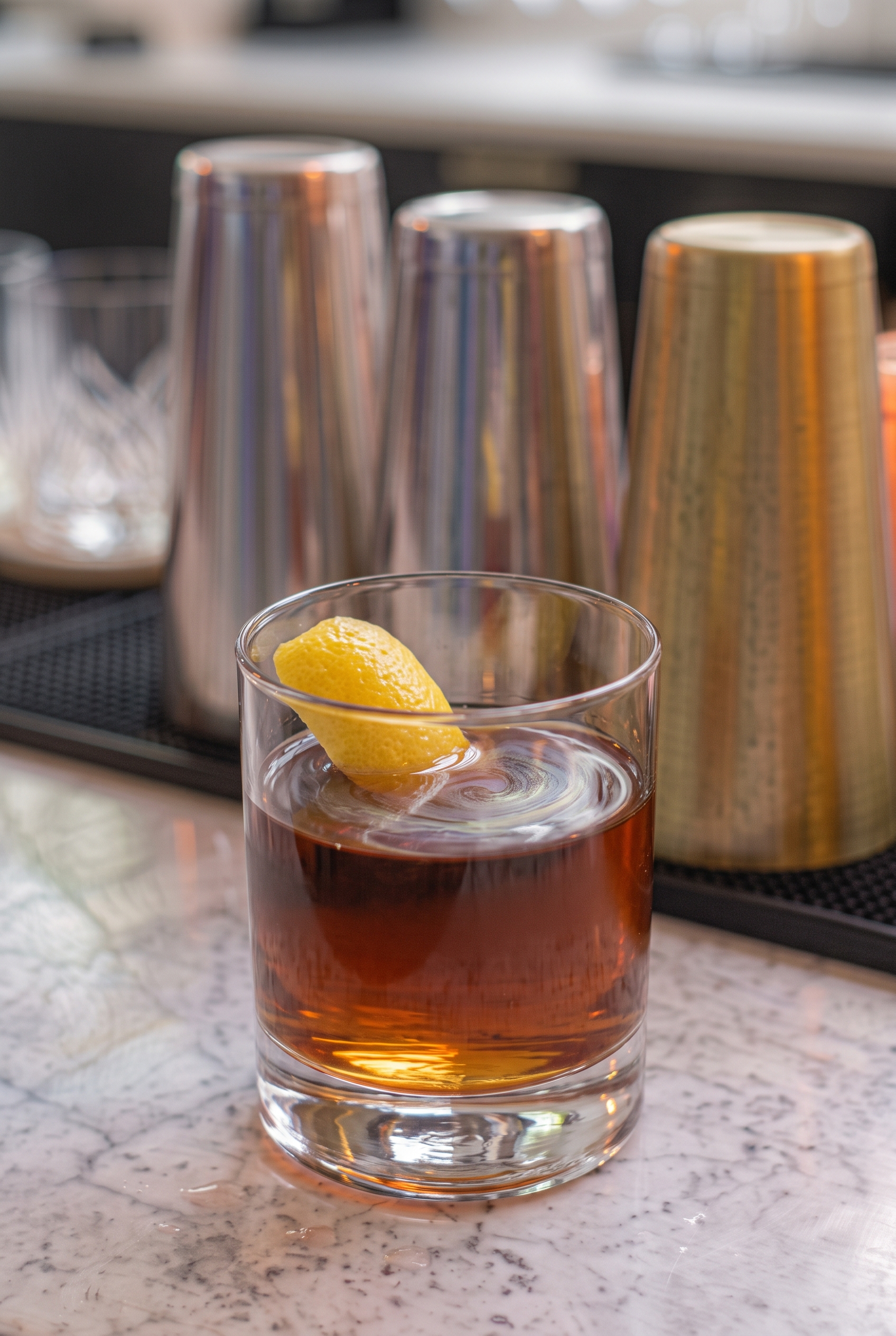 Vaso Old Fashioned con Sazerac de color ámbar oscuro.