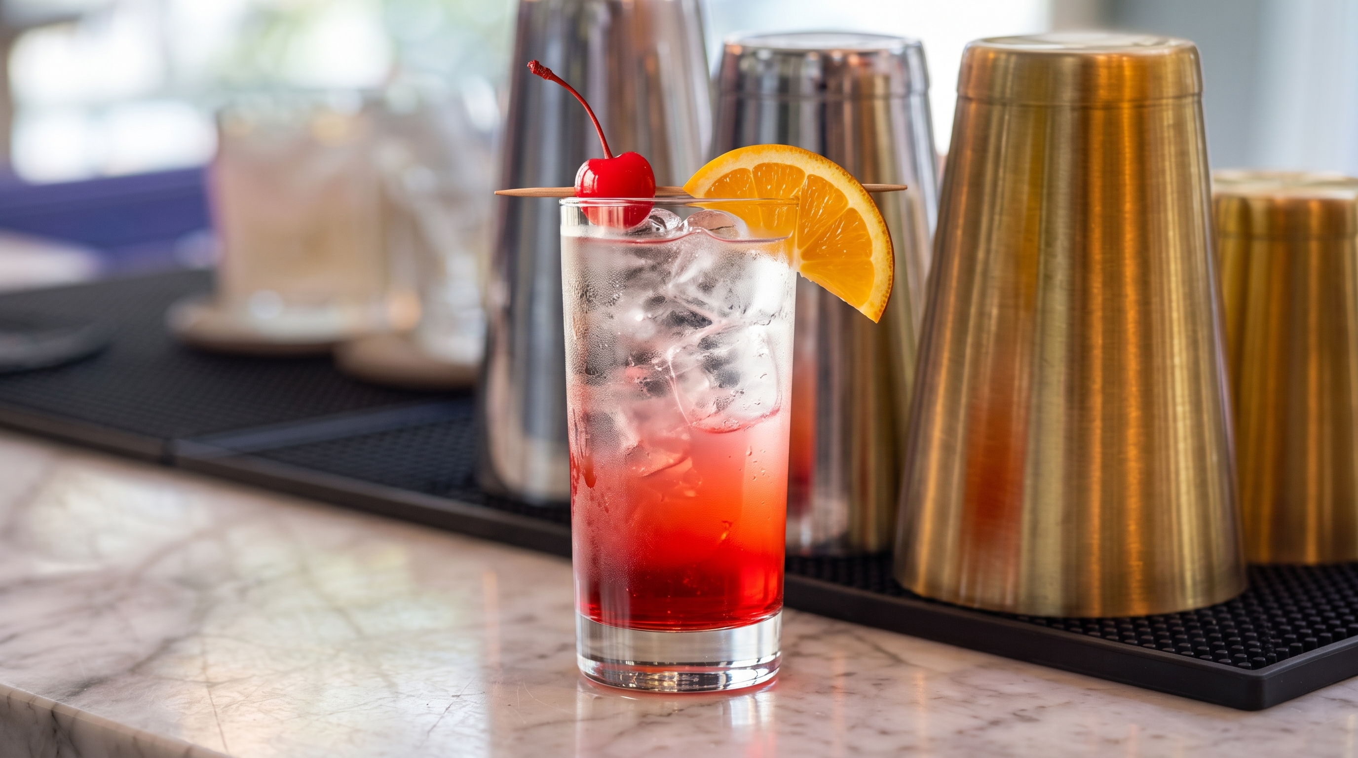 Vaso highball con Shirley Temple de color rojo anaranjado y una guinda.