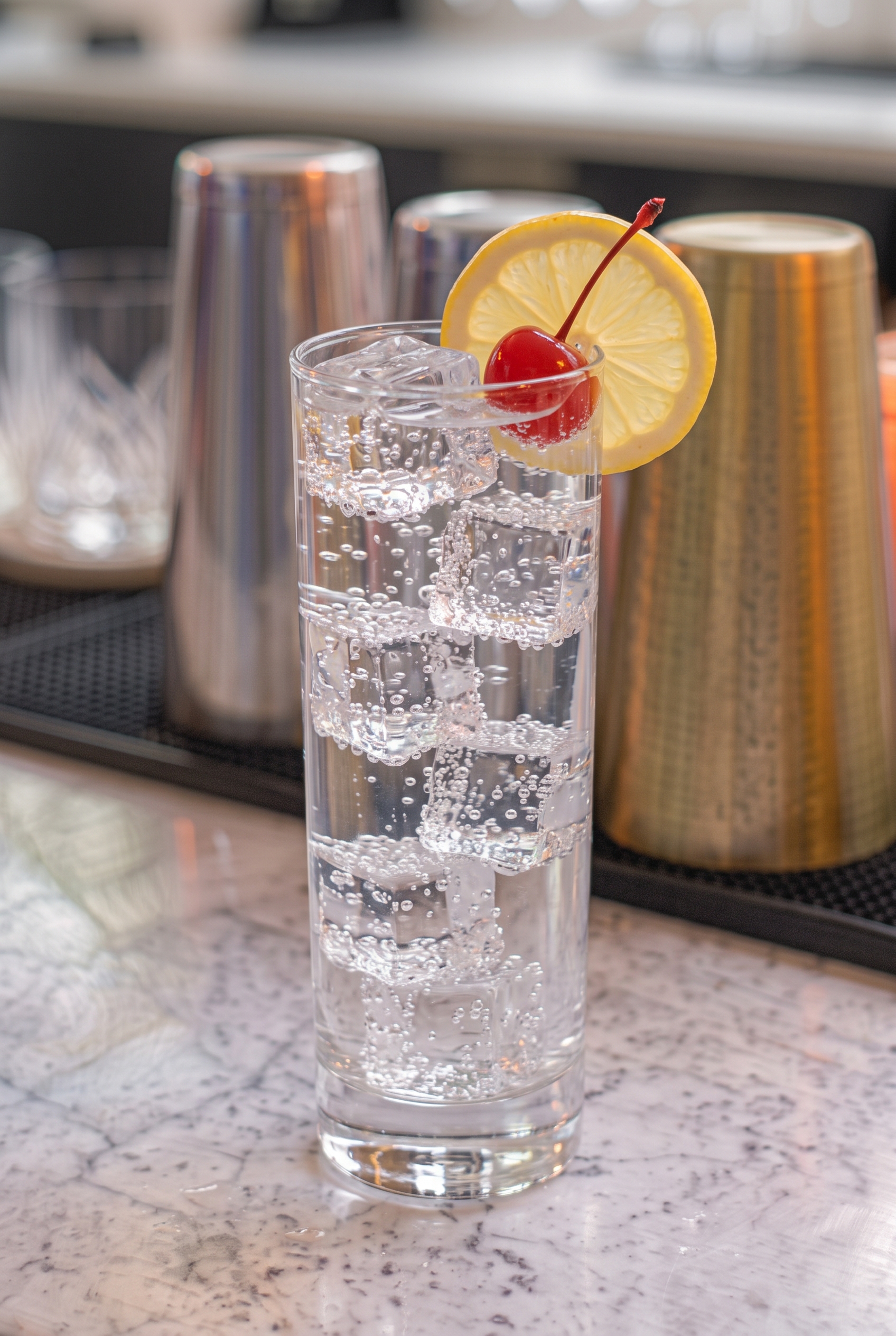 Vaso Collins con Tom Collins, hielo, burbujas y una rodaja de limón.
