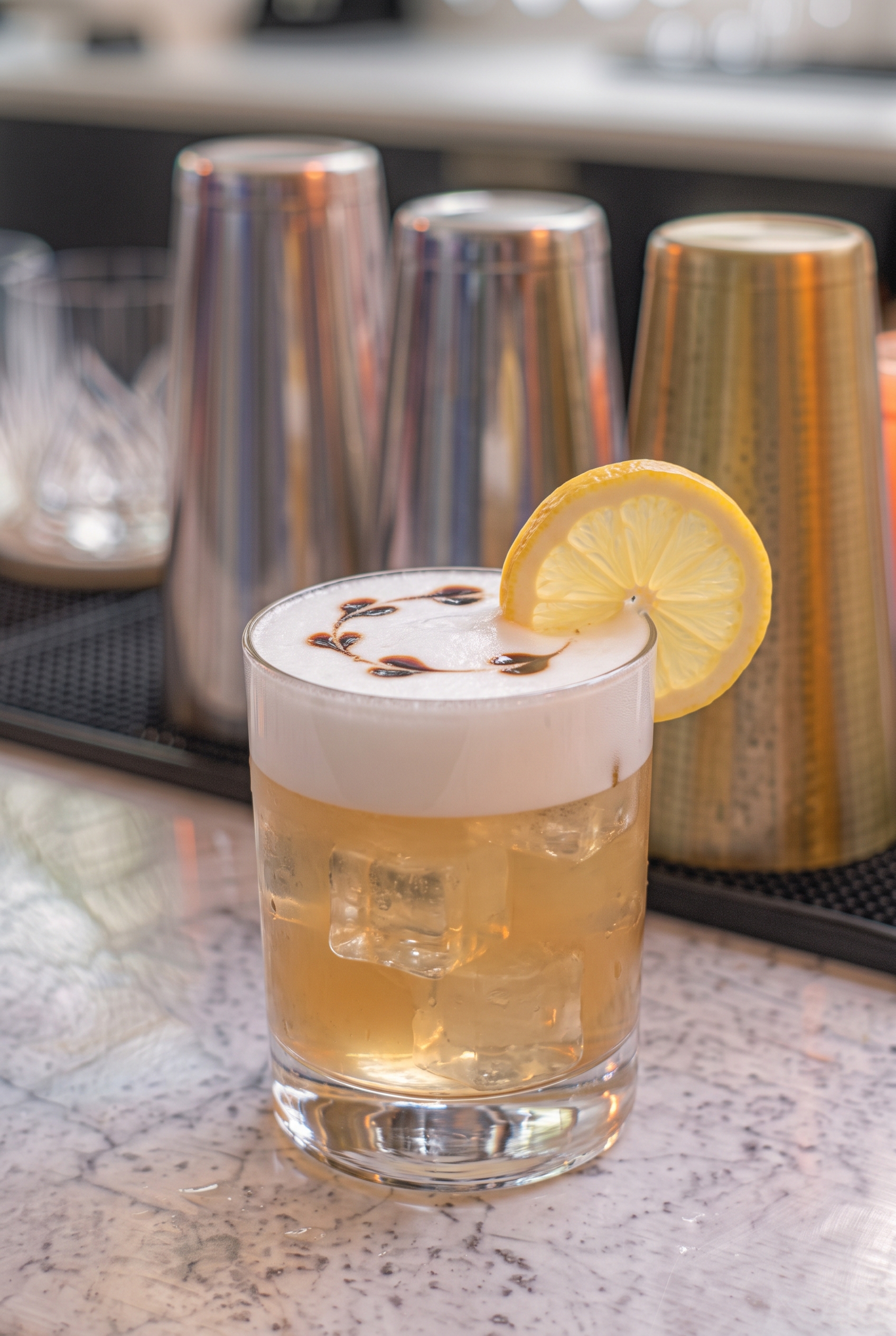 Vaso Old Fashioned con Whiskey Sour, espuma blanca con gotas de angostura y una rodaja de limón.