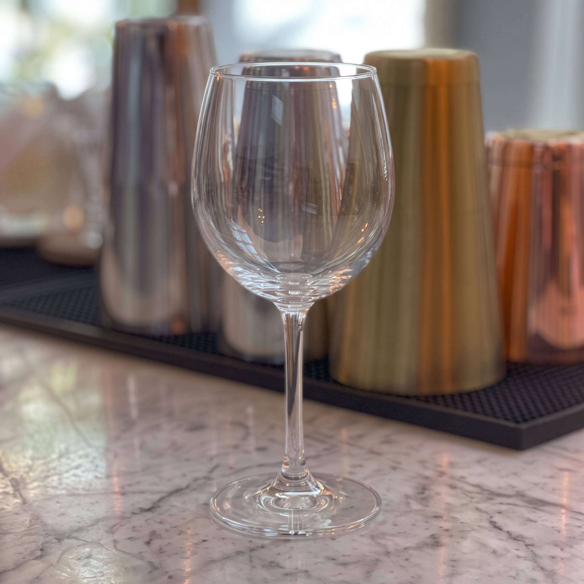 Copa de vino vacía sobre una barra.